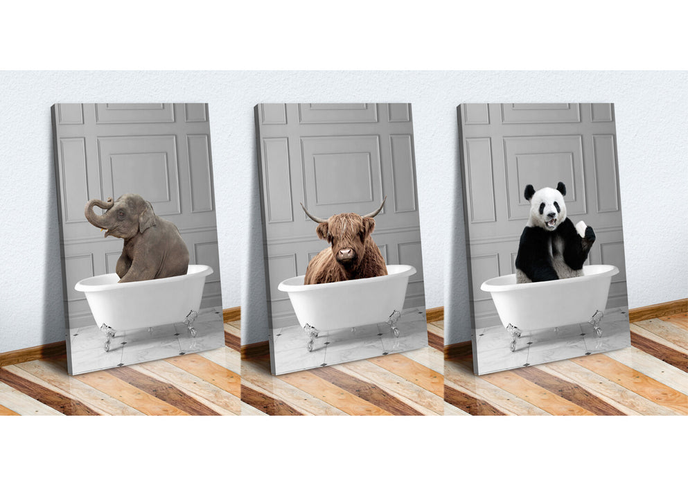 ANIMALS IN BATH HIGHLAND COW ELEPHANT PANDA CANVAS WALL ART PRINT ARTWORK FRAMED