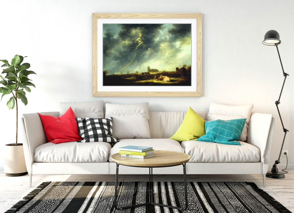 Framed Wall Art Poster – Aelbert Cuyp Thunderstorm Art Print with Natural Wood Frame