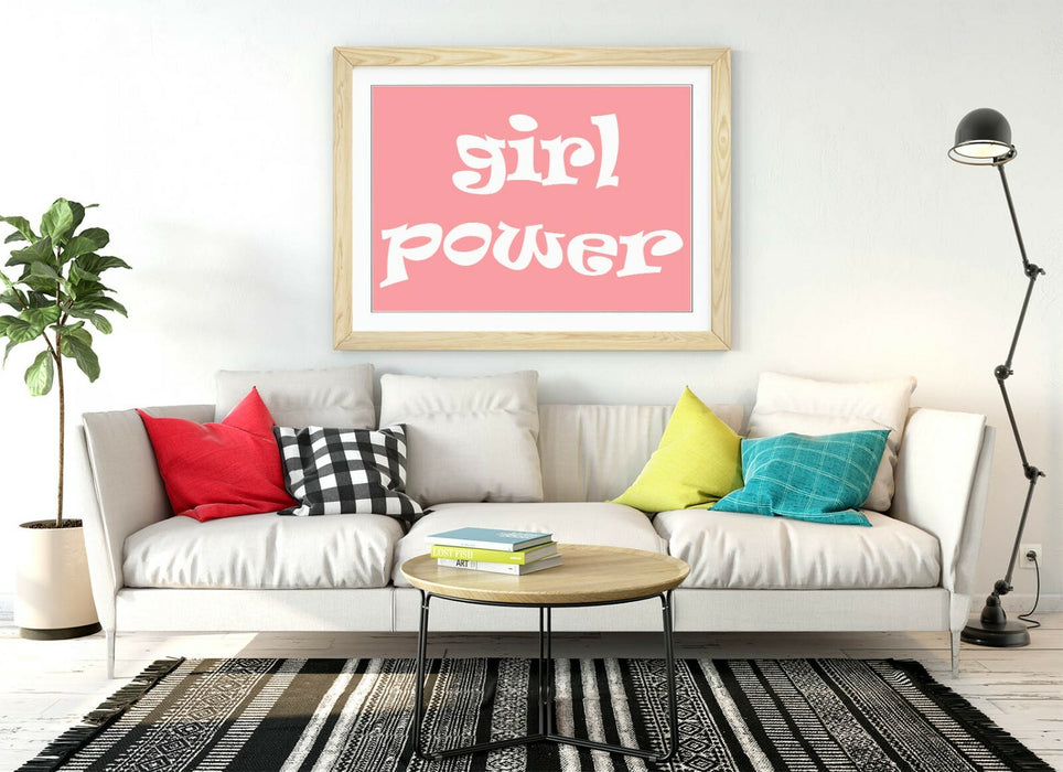 "GIRL POWER" GROOVY FEMINIST QUOTE 2 -FRAMED WALL ART PICTURE PRINT- PINK WHITE