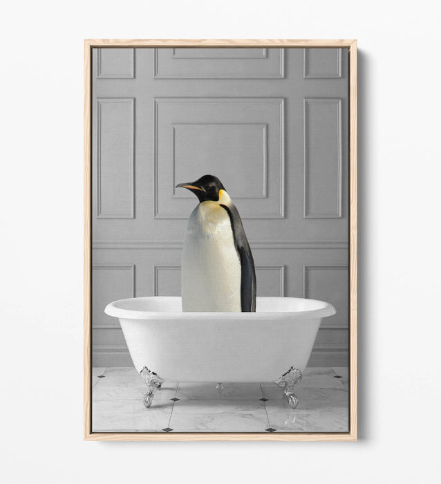 PENGUIN IN BATHTUB -QUIRKY BATHROOM FLOAT EFFECT CANVAS WALL ART PRINT