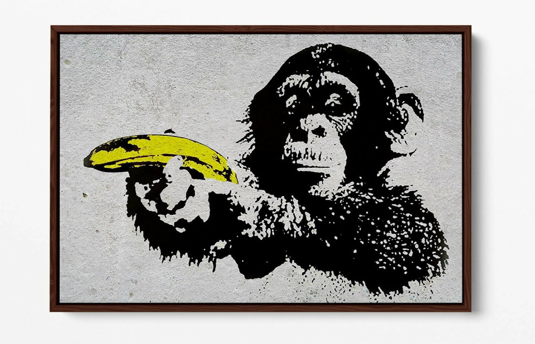 BANKSY MONKEY BANANA GUN -FLOAT EFFECT CANVAS WALL ART PIC PRINT- YELLOW BLACK