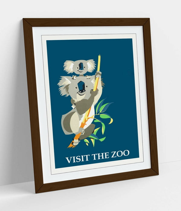 VINTAGE RETRO VISIT THE ZOO KOALA POSTER -FRAMED WALL ART PICTURE PRINT