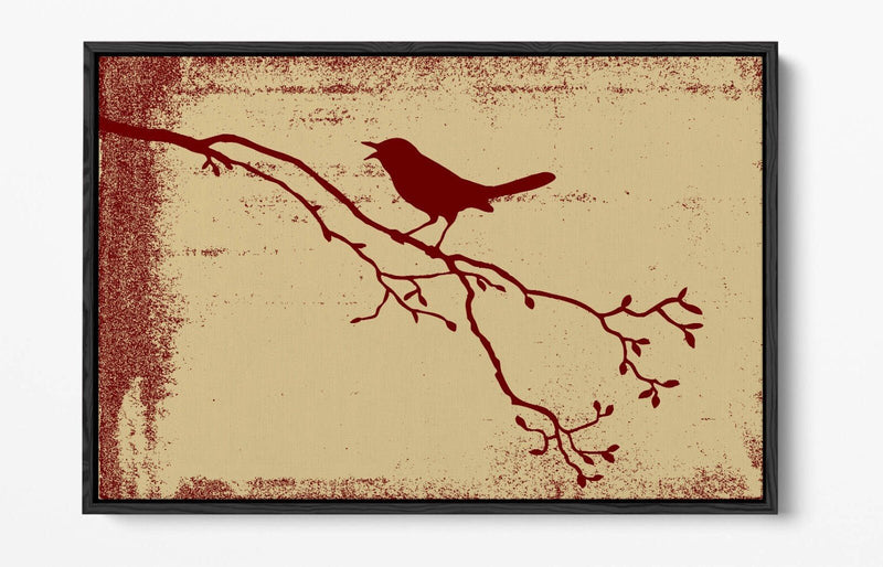 Float Effect Canvas Art - Red Bird Silhouette Tree Branch Wall Decor Print