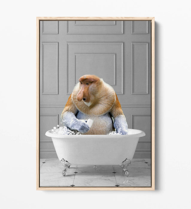 PROBISCUS MONKEY IN BATH -QUIRKY BATHROOM FLOAT EFFECT CANVAS WALL ART PRINT