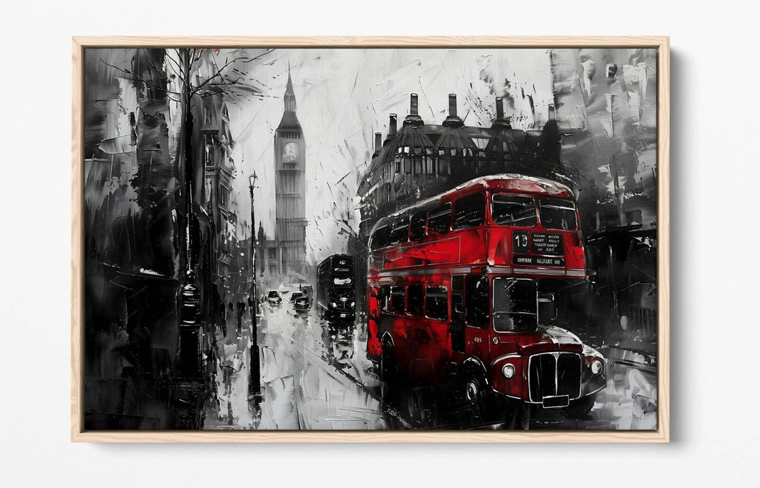 Black And White Cityscape - Red Bus Art Print | Float Effect Canvas Wall Art