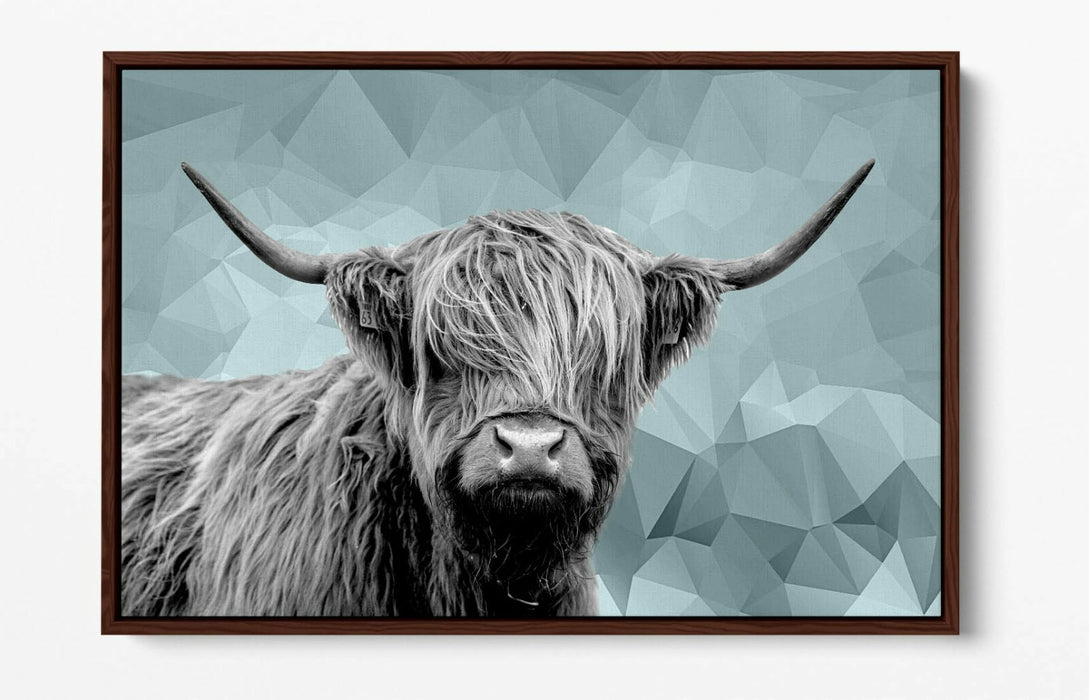 HIGHLAND COW DUCK EGG BLUE GEOMETRIC -FLOAT EFFECT CANVAS WALL ART PIC PRINT-