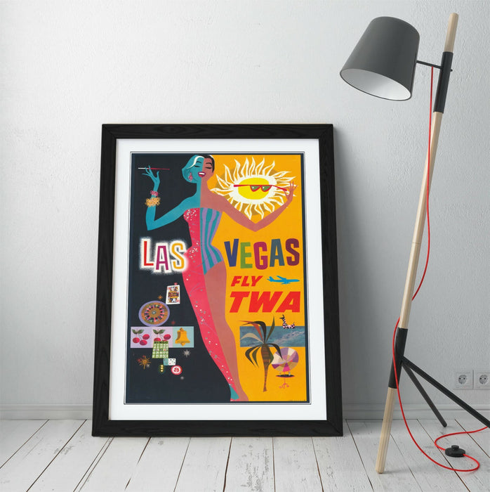 RETRO LAS VEGAS TRAVEL POSTER -FRAMED WALL ART PICTURE PRINT- YELLOW BLACK PINK