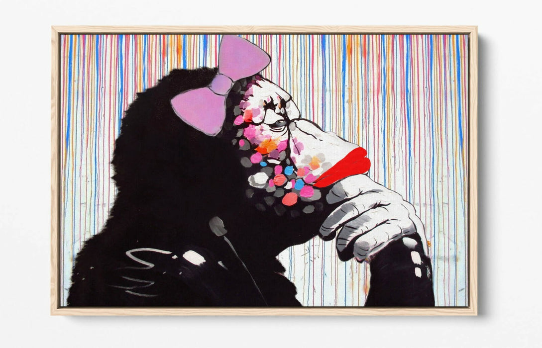 BANKSY DJ MONKEY RAIN FEMALE -FLOAT EFFECT CANVAS WALL ART PIC PRINT- WHITE