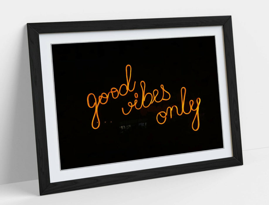 Framed Poster Print - Orange Neon Sign Artwork | Faux Wood Frame Wall Art Prints