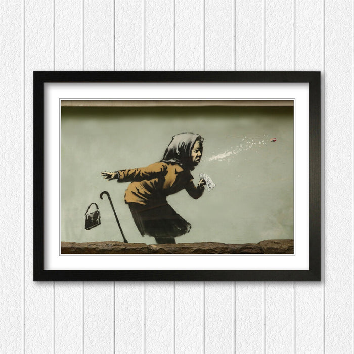 Banksy Framed Poster – Handmade Urban Street Art Print with Woodgrain Frame