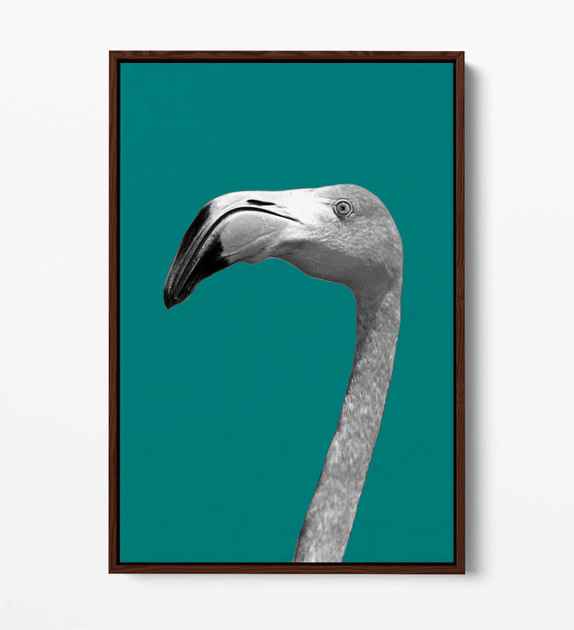 FLAMINGO HEAD TEAL -FLOAT EFFECT CANVAS WALL ART PIC PRINT- BLACK & WHITE