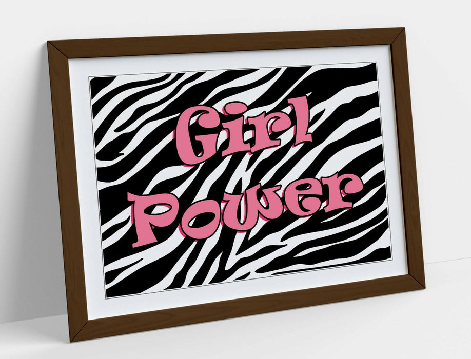 "GIRL POWER" FUNKY Y2K FEMINIST QUOTE ZEBRA -FRAMED WALL ART PICTURE PRINT- PINK