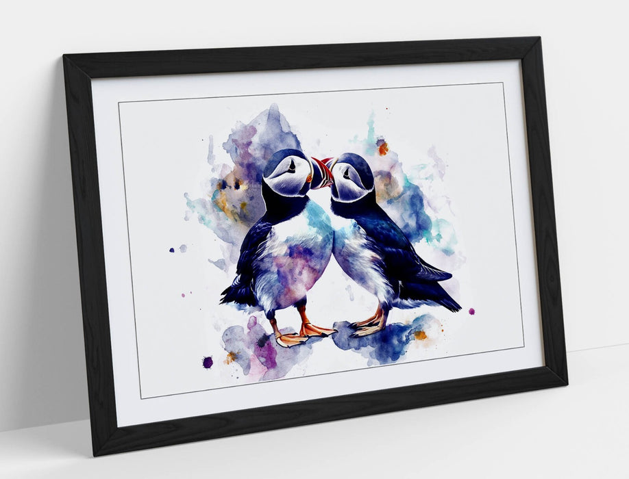 Puffins Wall Art - Framed Cute Bird Artwork With Woodgrain Frame, Ready To Hang