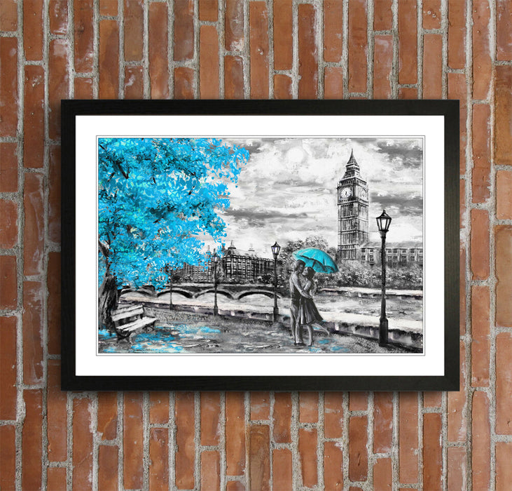 London Big Ben Grey Teal Umbrella Wall Art Picture Framed Poster Print 4 sizes
