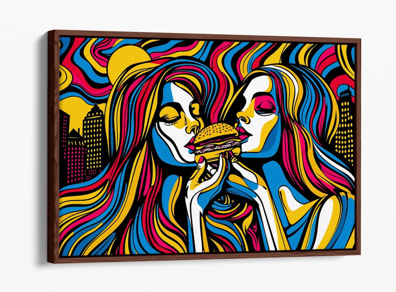 Canvas Wall Art - Contemporary Float Effect Print With Women Burger Artwork On 30mm Deep Frame
