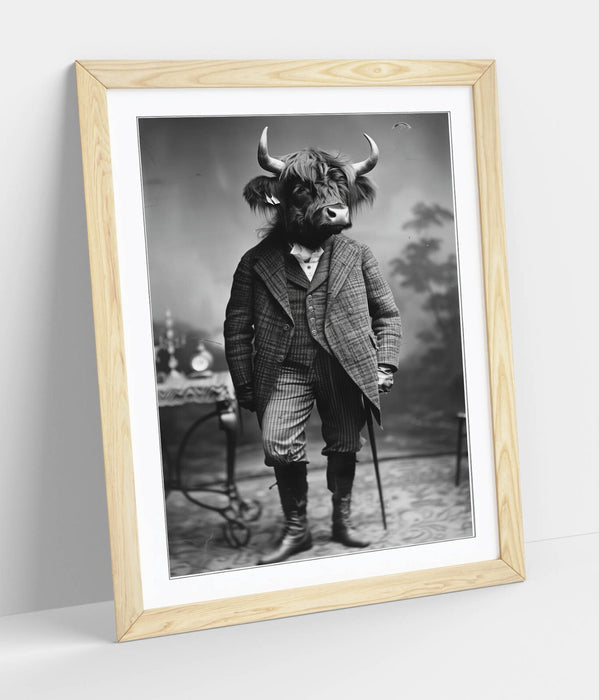 Highland Cow Wall Art – Framed Animal Poster with Woodgrain Frame, Matte Finish