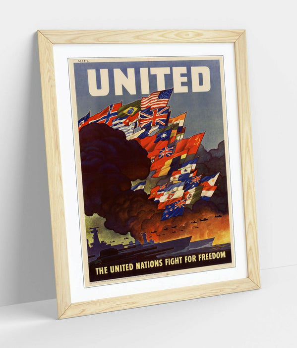 VINTAGE UNITED NATIONS FIGHT FOR FREEDOM POSTER -FRAMED WALL ART PICTURE PRINT