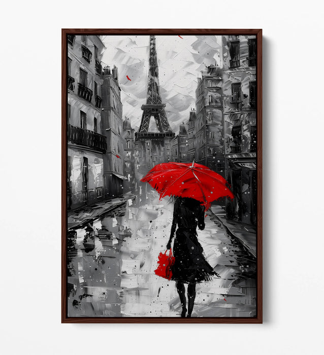 Red Umbrella Canvas - Paris City Black White Print | Handmade Wall Art Float Effect
