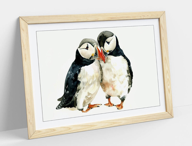Puffin Love Wall Art - Framed Cute Animal Poster With Woodgrain Picture Frame