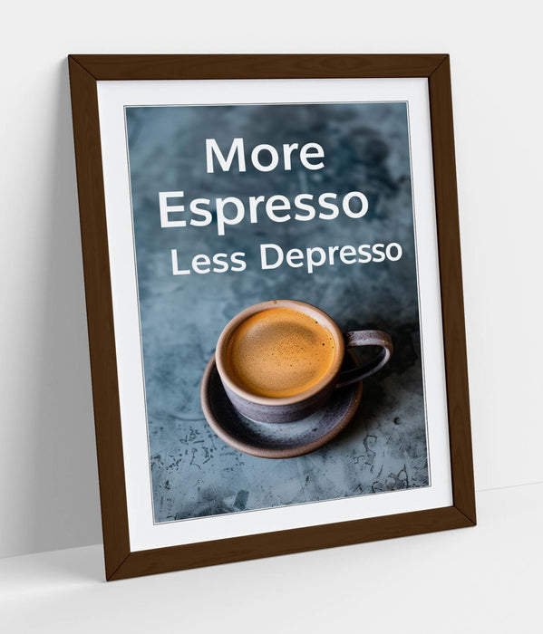 Espresso Wall Art – Framed Cafe Poster With Funny Coffee Quote & Woodgrain Frame