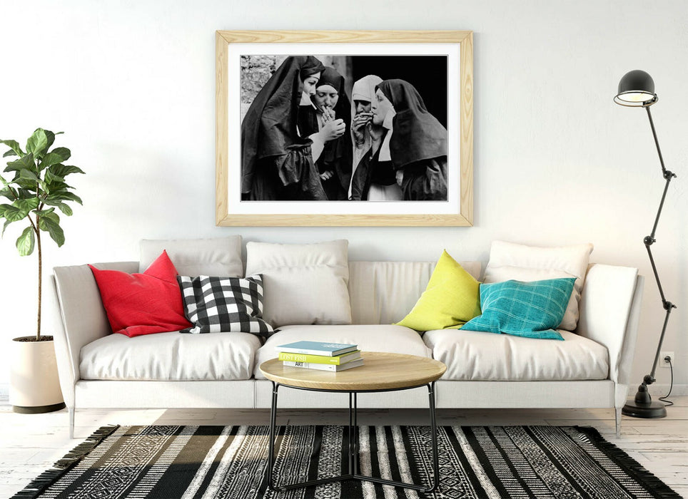 SMOKING NUNS ICONIC VINTAGE PHOTOGRAPH -FRAMED WALL ART POSTER PICTURE PRINT