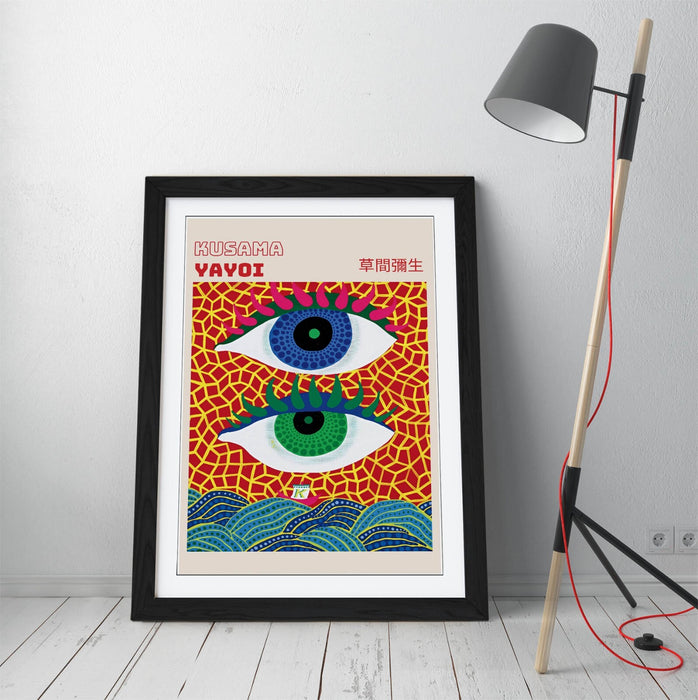 Framed Wall Art - Yayoi Kusama Abstract Eyes Contemporary Art Print With Woodgrain Faux Frame