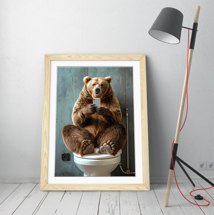 Funny Bear Wall Art - Framed Bathroom Decor With Wood Grain Frame & Matte Paper Print