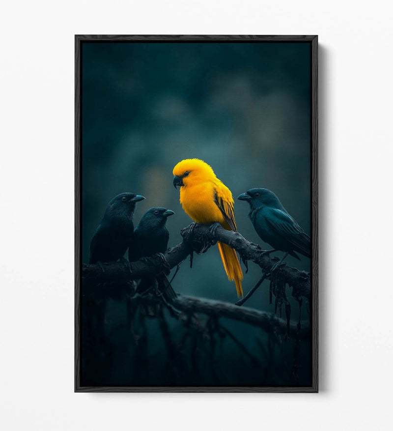 Canvas Wall Art – Yellow Bird With Black Crows | Float Effect, Ready To Hang