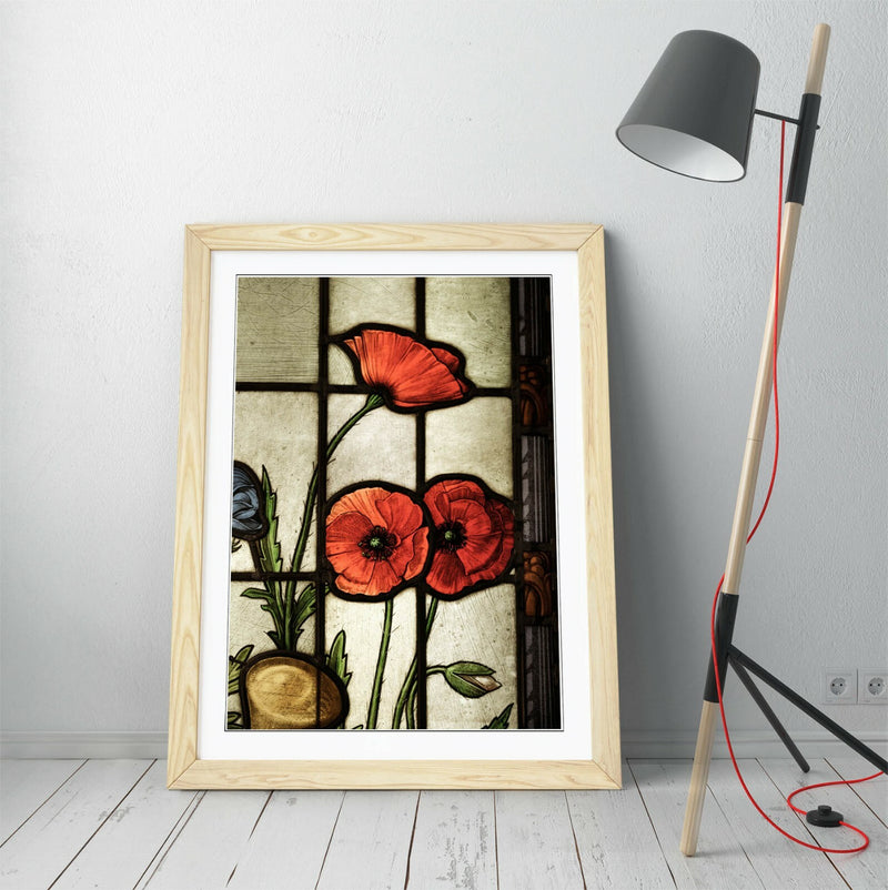 Framed Poster Art - Stained Glass Art Poppy Wall Decor With Woodgrain Frame