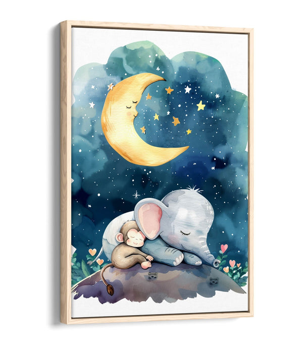 Kids Bedroom Canvas Art - Cute Elephant Monkey Print | Handmade Float Effect Wall Art