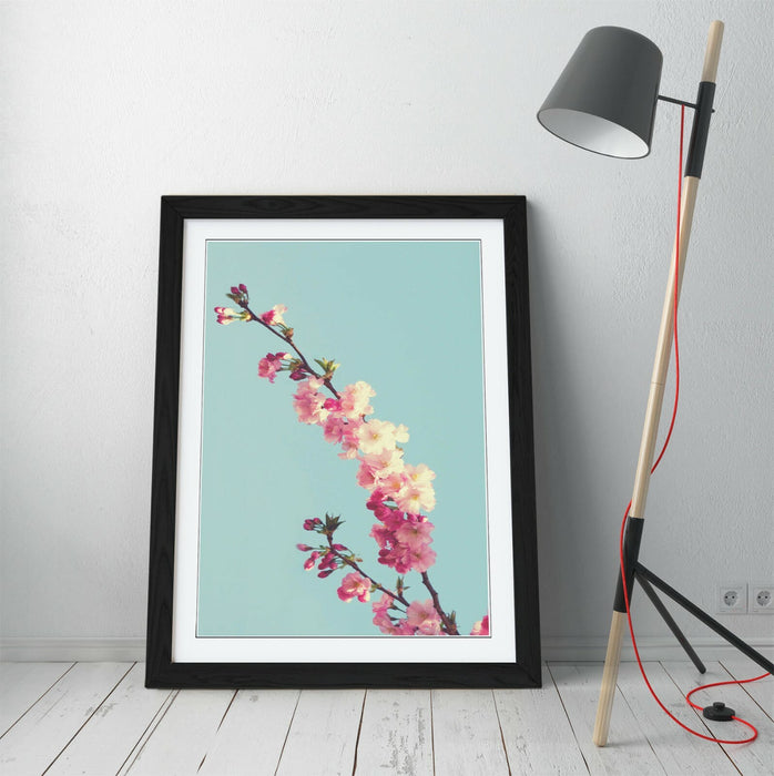 CHERRY BLOSSOM TEAL -ART FRAMED POSTER PICTURE PRINT ARTWORK- CYAN