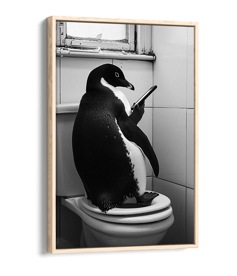 Funny Penguin Canvas – Humorous Bathroom Wall Art | Toilet Decor Print, Float Effect