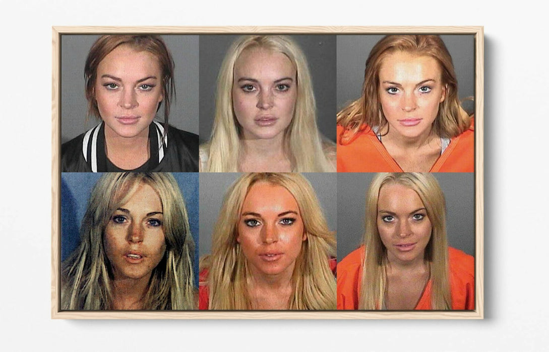 LINDSEY LOHAN MUGSHOTS -FLOAT EFFECT CANVAS WALL ART PIC PRINT- GREY