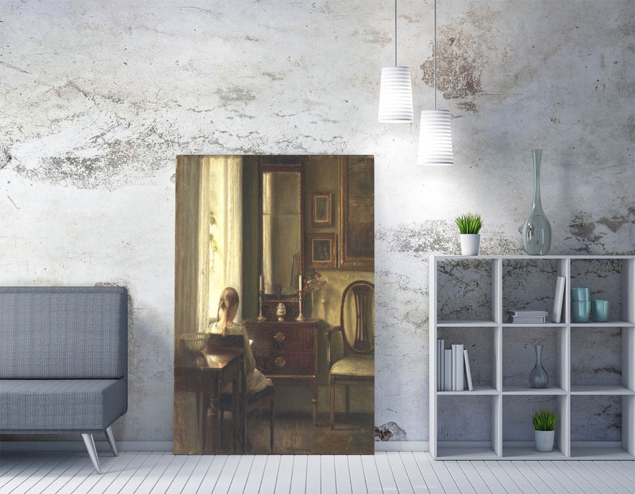 CARL HOLSOE, INTERIOR WITH YOUNG GIRL READING -CANVAS WALL ART ARTWORK PRINT