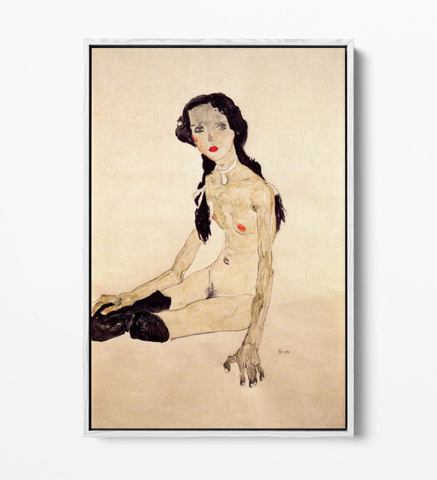 Canvas Wall Art Print - Egon Schiele Sitting Girl With Ponytail | Float Effect Canvas