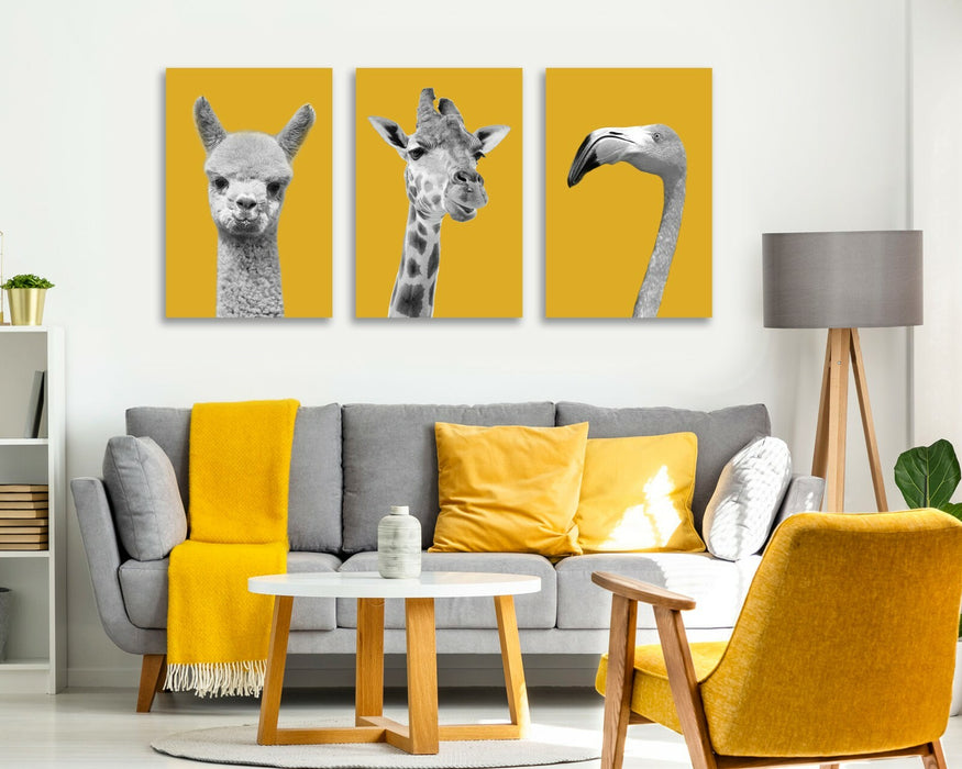 Canvas Wall Art | Handmade UK Giraffe Canvas Print Set - Black White Mustard