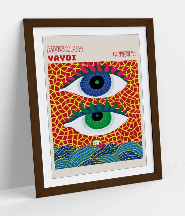 Framed Wall Art - Yayoi Kusama Abstract Eyes Contemporary Art Print With Woodgrain Faux Frame
