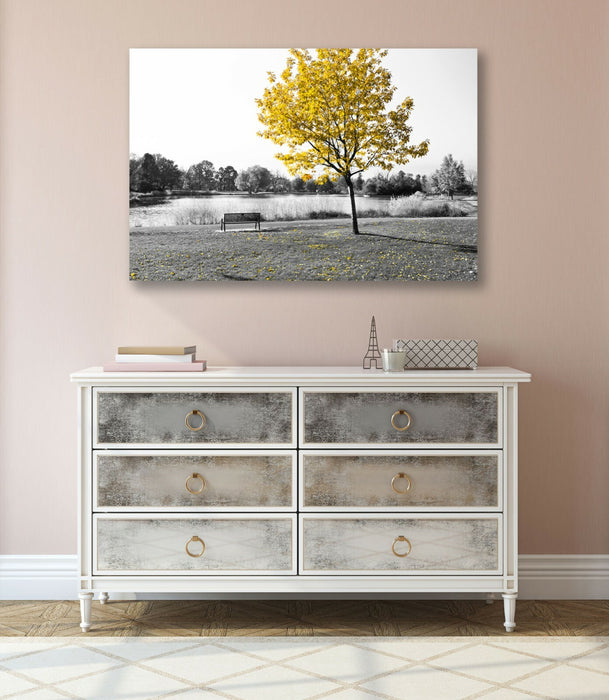 Canvas Wall Art - Yellow Tree Leaves Bench Black White Print 30mm Deep Frame