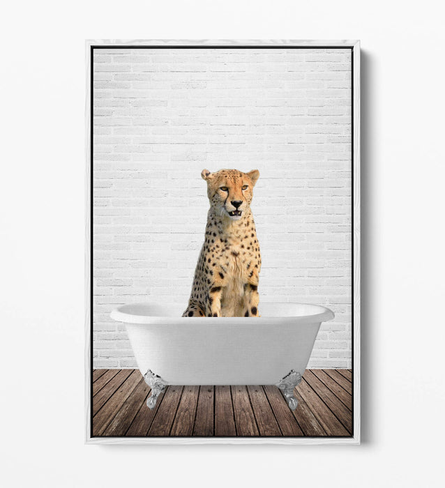 CHEETAH IN BATHTUB -QUIRKY BATHROOM FLOAT EFFECT CANVAS WALL ART PIC PRINT
