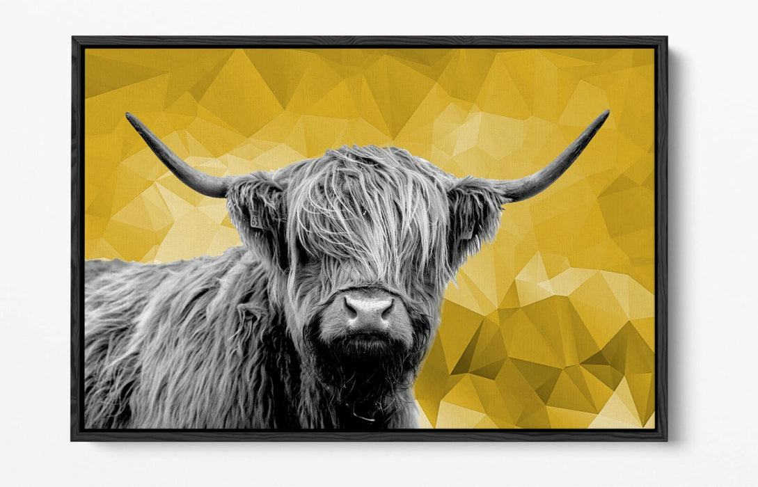 HIGHLAND COW MUSTARD YELLOW GEOMETRIC -FLOAT EFFECT CANVAS WALL ART PIC PRINT-