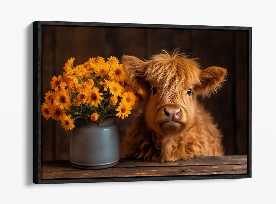 Canvas Wall Art – Baby Highland Cow With Flowers | Handmade Float Effect Canvas Print