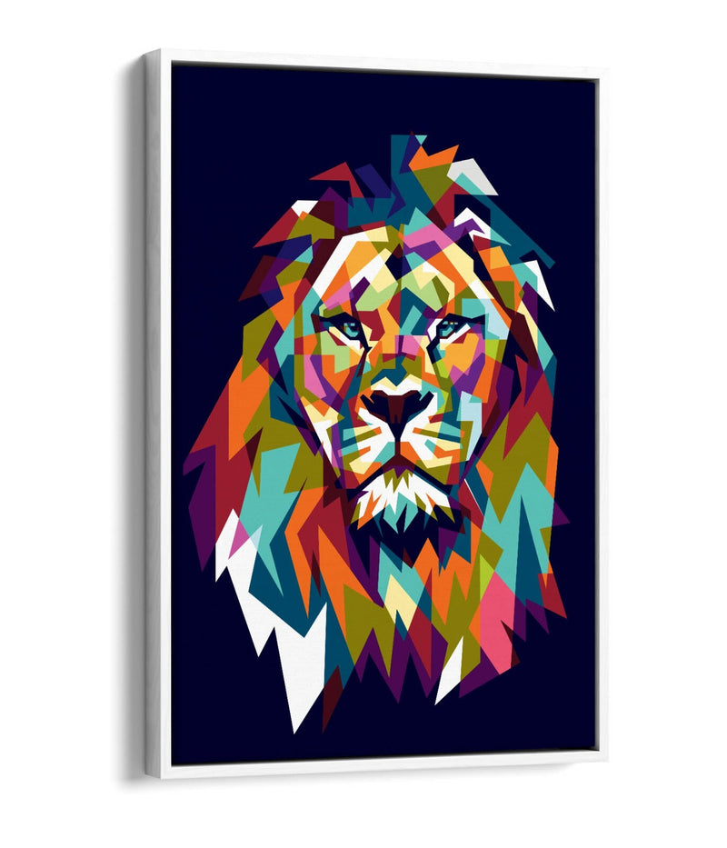 Lion Head Canvas Art - Multi Colour Geometric Wall Decor With Float Effect Frame
