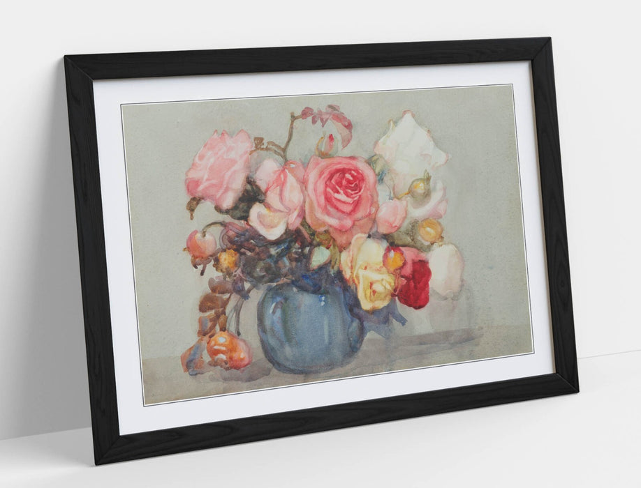 Framed Wall Art - Dorothy Richmond Roses And Berries Botanical Print With Natural Wood Frame