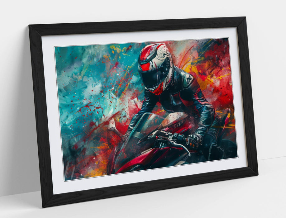 Framed Wall Art Poster – Motorcycle Graffiti Art Print With Woodgrain Frame