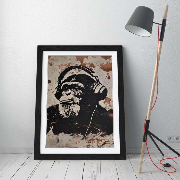 Framed Wall Art Poster – Ape Wearing Headphones Stencil Graffiti Print 4 Sizes