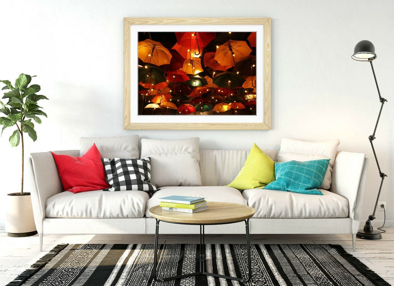 Framed Wall Art - Umbrella Sky Lights Night Time Photography Print With Woodgrain Frame