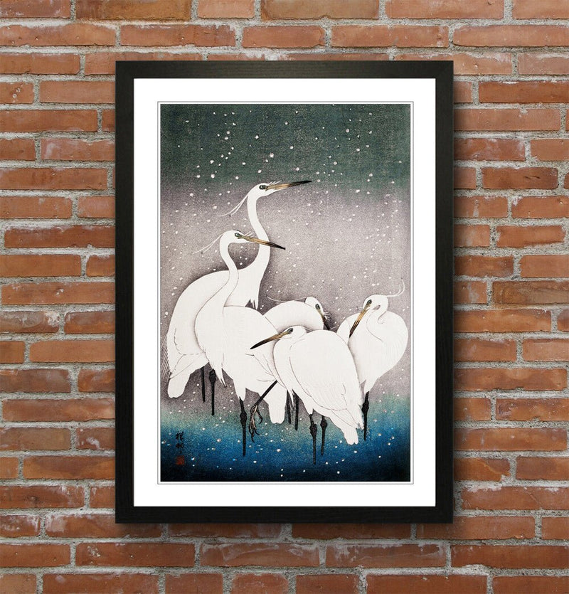 Oriental Framed Wall Art – Japanese Crane Poster with Woodgrain Frame Design