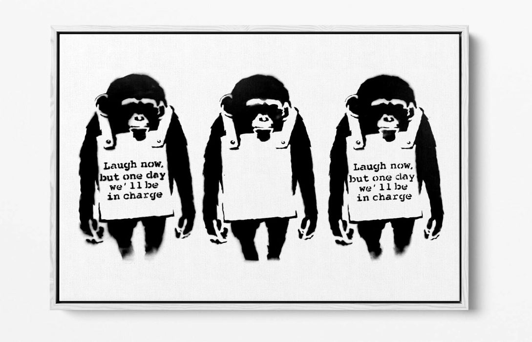 BANKSY LAUGH NOW -FLOAT EFFECT CANVAS WALL ART PIC PRINT- BLACK & WHITE