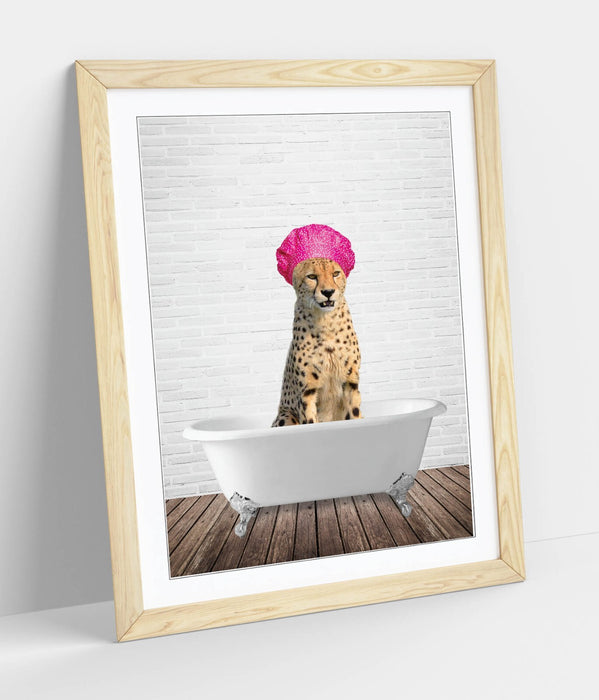 FUNNY CHEETAH IN BATHTUB -ART FRAMED POSTER PICTURE PRINT BATHROOM ARTWORK