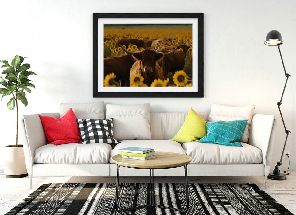Highland Cows Wall Art – Framed Sunflower Field Print | Rustic Farmhouse Decor